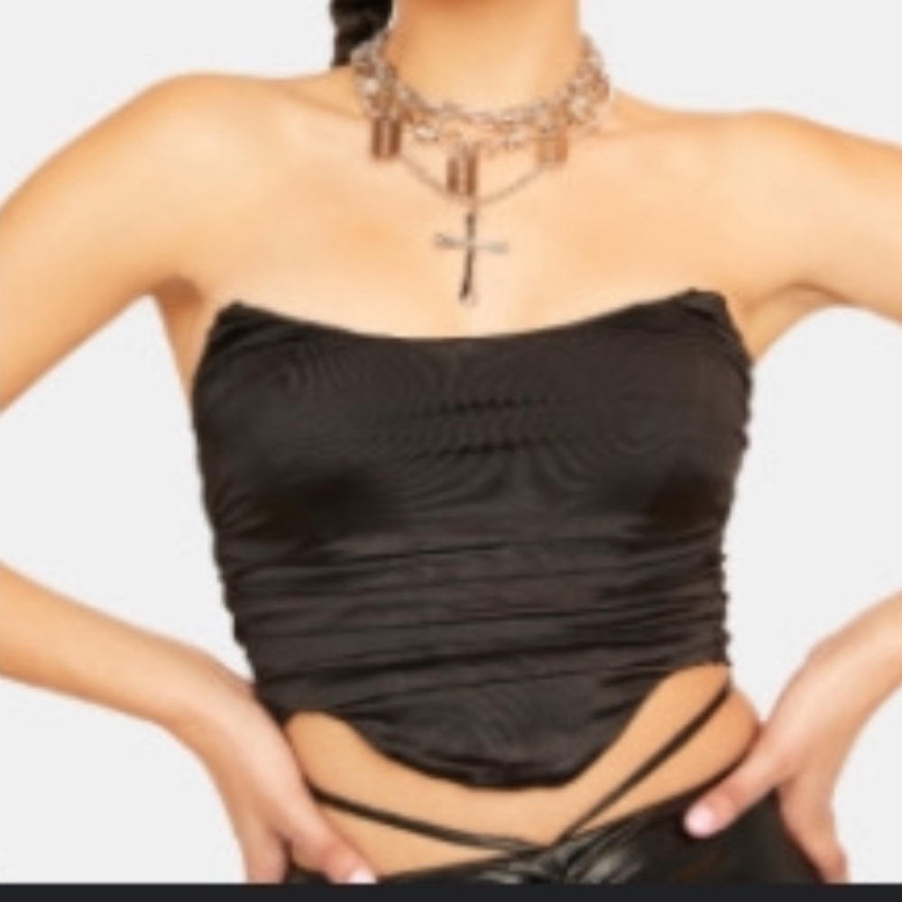 Elegant satin ruched Black Strapless Top
